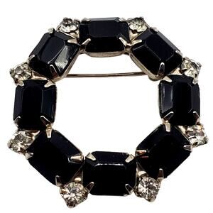 Circle Black Rhinestone Brooch Round Silver Tone Pin Infinity Wreath Vintage 60s